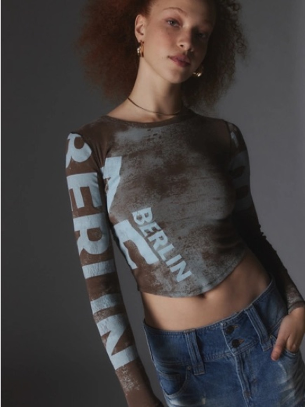 silence + noise Brown Long-Sleeve Crop Top with Light Blue 'BERLIN' Graphic
